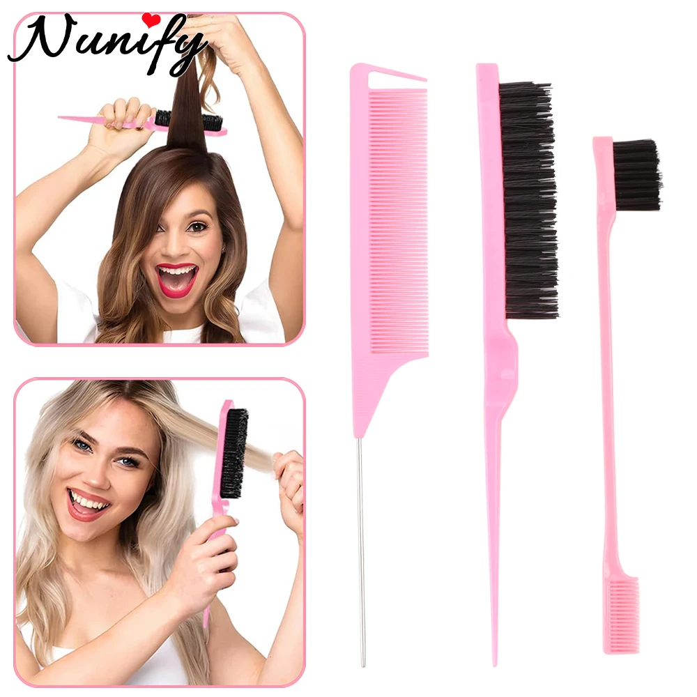 

Инструменты для укладки волос Nunify и инструменты для укладки волос с верхом, трехрядная щетка для укладки, щетка для кромок, расчески с крысиным хвостом для женщин, девочек, 3 шт.