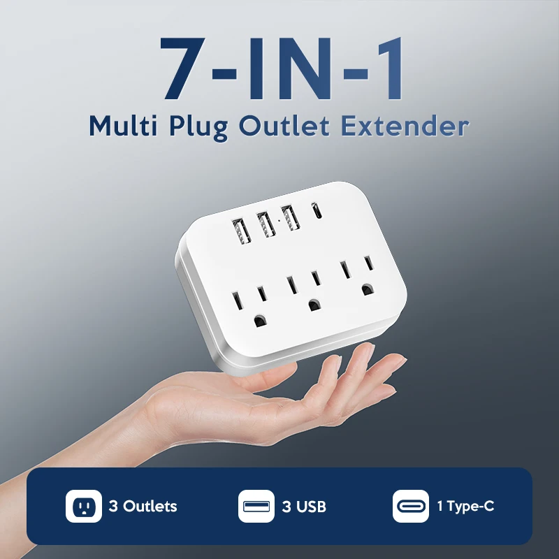 7-in-1 Compact Travel Power Strip with 3 AC Outlets, 3 USB Ports & Type-C, Surge Protection, Durable, Lightweight Design for Bus