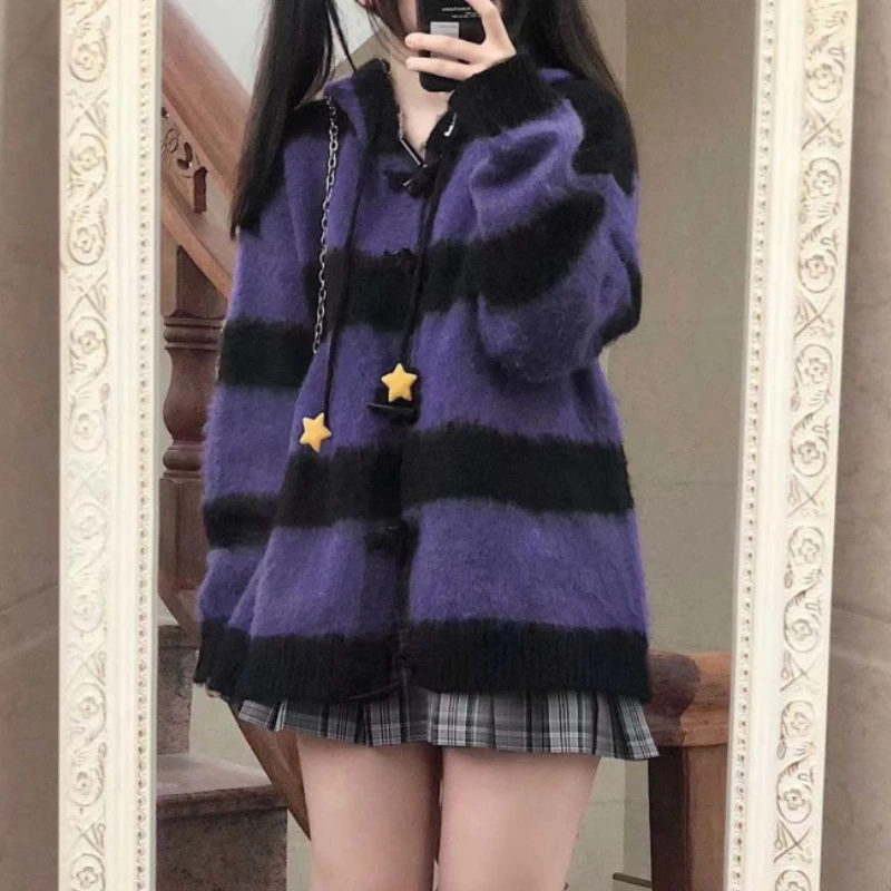 Autumn Winter Casual Knitted Cardigan Y2k Aesthetic Women Streetwear Star Hooded Sweater Coat Korean Fashion Female Knitwear Top