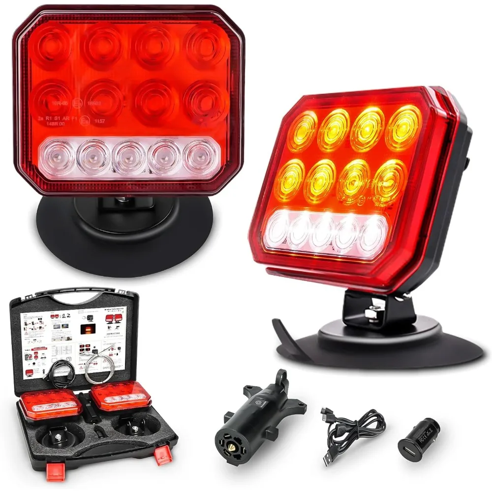 

Комплект беспроводных магнитных светодиодных фонарей для прицепа, буксирный фонарь 2,4 ГГц с тормозом, поворотом, хвостом, реверсом, стробоскопом, перезаряжаемым буксирным хвостом