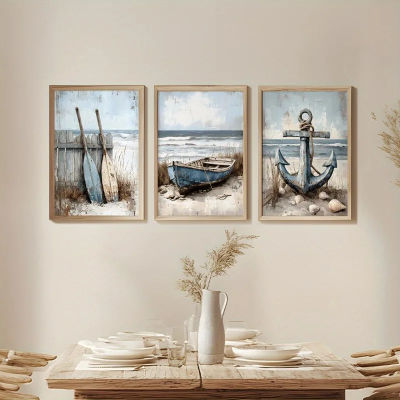 3pcs Set Canvas Wall Art Prints Nautical Beach Decor,Frameless Ocean Themed Paintings for Living Room,Bedroom, Bathroom, Office