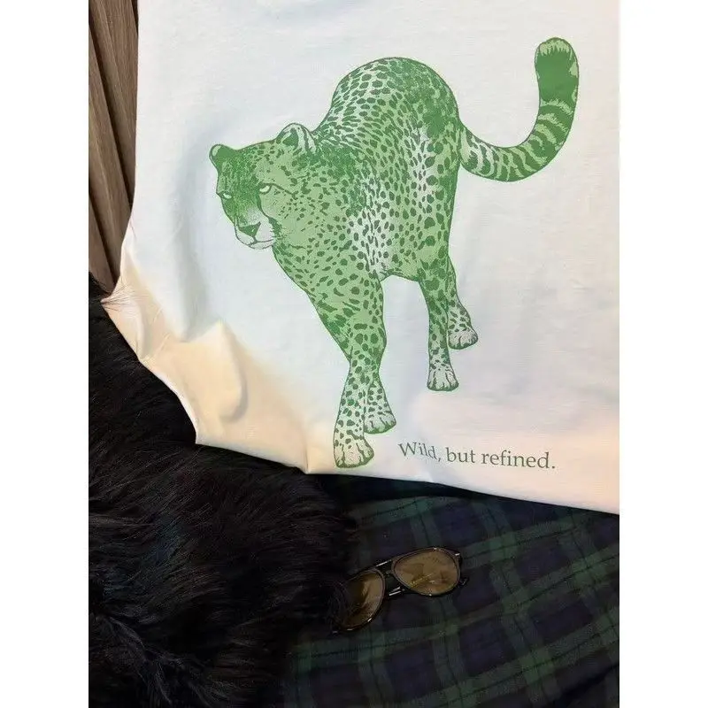 American Retro Vintage Creative Green Tiger Print Large Size Casual Cotton Graphic T Shirts Women Short Sleeve White T-shirt New
