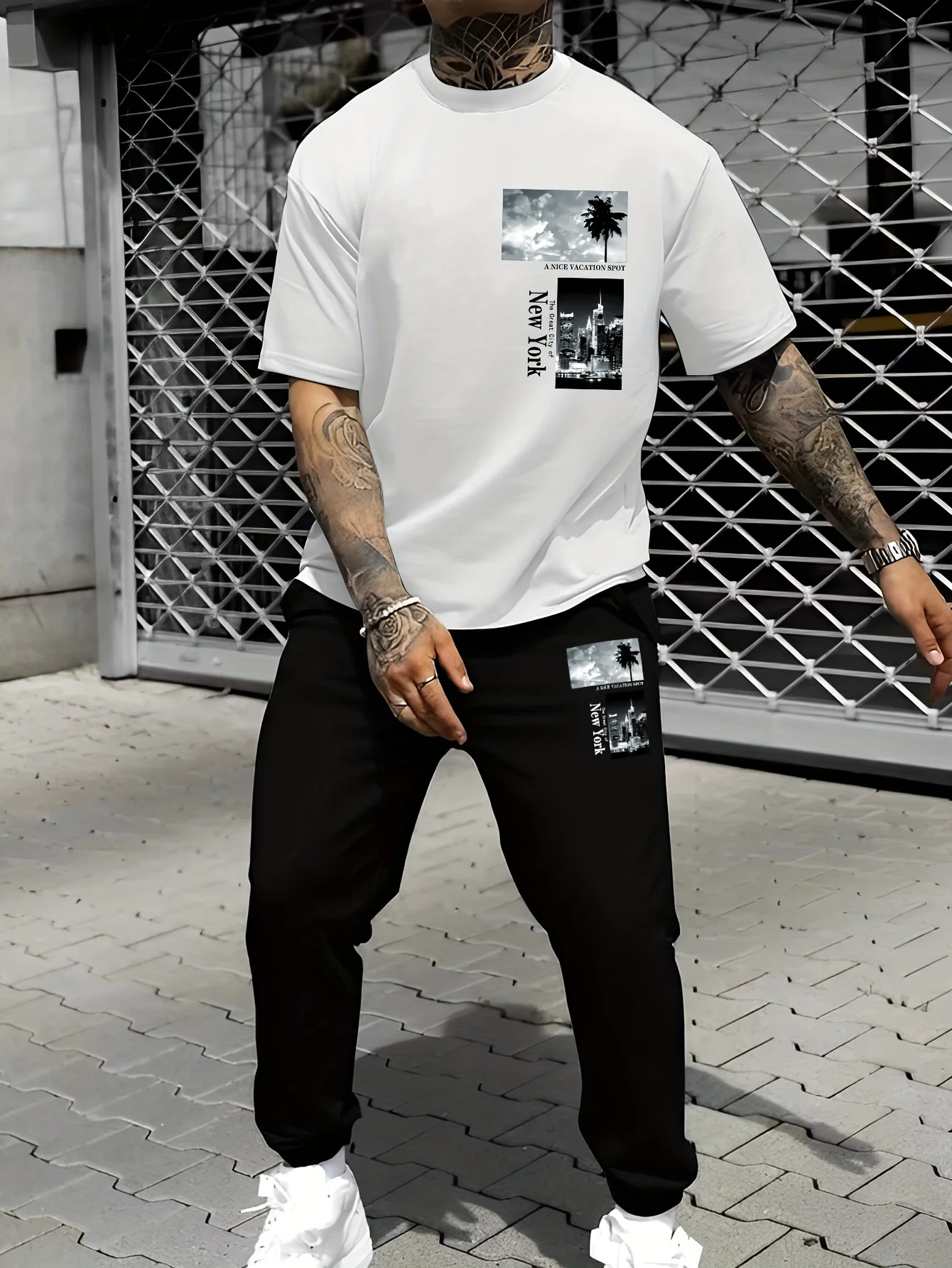 

2026 Summer New Men's Short-Sleeved Long Pants Set with 3D Coconut Tree Pattern Print for Street Casual Comfort and Softness