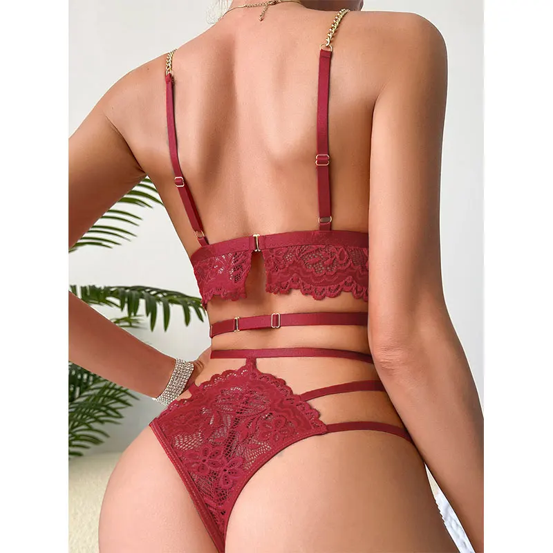 Sexy Set New Woman Lingerie Burgundy Garter Belt Underwear With Leg Rings Female Intimates Erotic 3 Piece Sets Lace Bra Panties