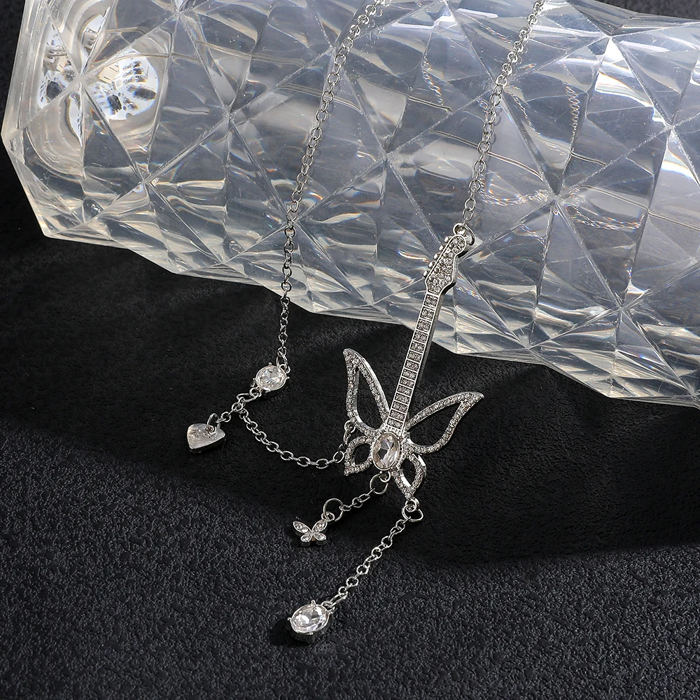 Fashion Y2K Sweet Cool Rock Style Necklace Butterfly Electric Guitar Inlaid Crystal Tassel Neck Chain for Women Girls Gift