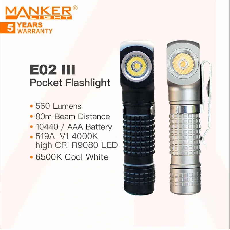 MANKER E02 III 560 Lumen,EDC Pocket Flashlight,Powered 10440/AAA Battery,Magnetic Tail,10 Lighting Modes,with Headband