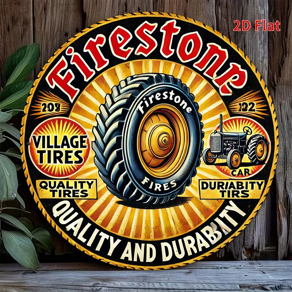 2D Flat,Round Sign,Vintage Decorative Plaque Featuring Firestone Tires,Tractor and Car Tire Quality & Durability Decorative Sign
