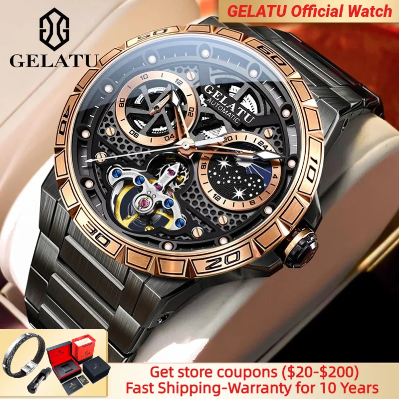 

GELATU 6020 Original Brand Mens Watch Stainless steel Starry Sky Moon Phases Deep Waterproof Flywheel Automatic Wristwatches