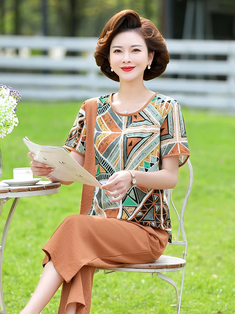 

Faionable Cotton Linen ort Sve Two-Piece Set for Middle-Aged Women Summer Sle Loose Fit round Ne Regular Thin