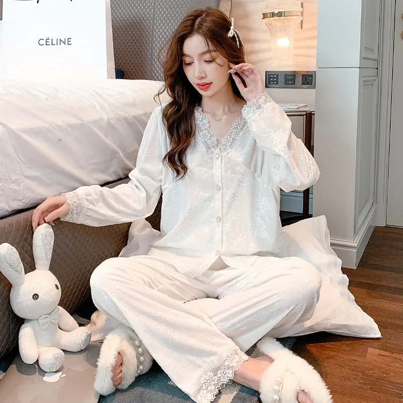 Sexy V-Neck Pajamas Suit Lace Trim Nightwear Autumn Winter New Loungewear Long Sleeve Homewear Print Flower Sleepwear Pyjamas