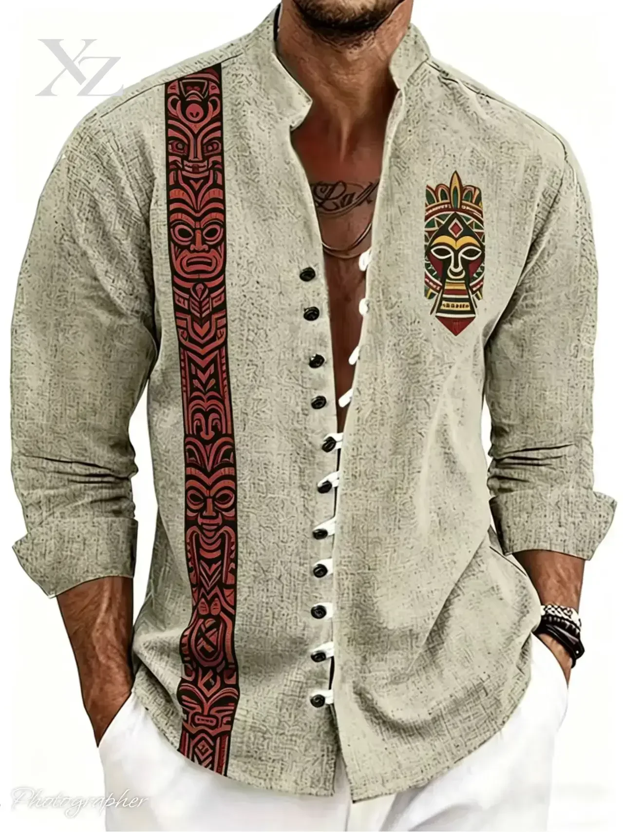 Hot Sale Men's New Retro Ethnic Linen Long Sleeved Shirt with 3D Printed Tiki Sun Pattern, Casual Comfortable For 2026