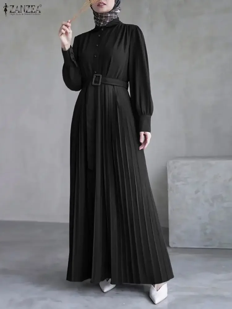 Fashion Autumn Muslimn Abaya Dress ZANZEA Women Dresses 2025 Elegant Lapel Long Sleeve Pleated Sundress Hijab Long Robe Femme 5