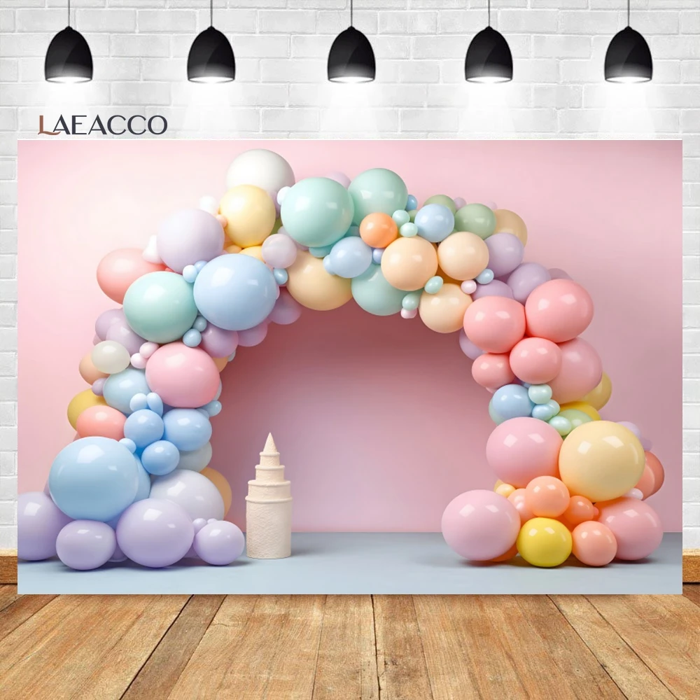 Laeacco Blue Sky Cloud Balloons Car Birthday Photography Backdrop Colorful Balloons Rainbow Arch Cake Smash Portrait Background