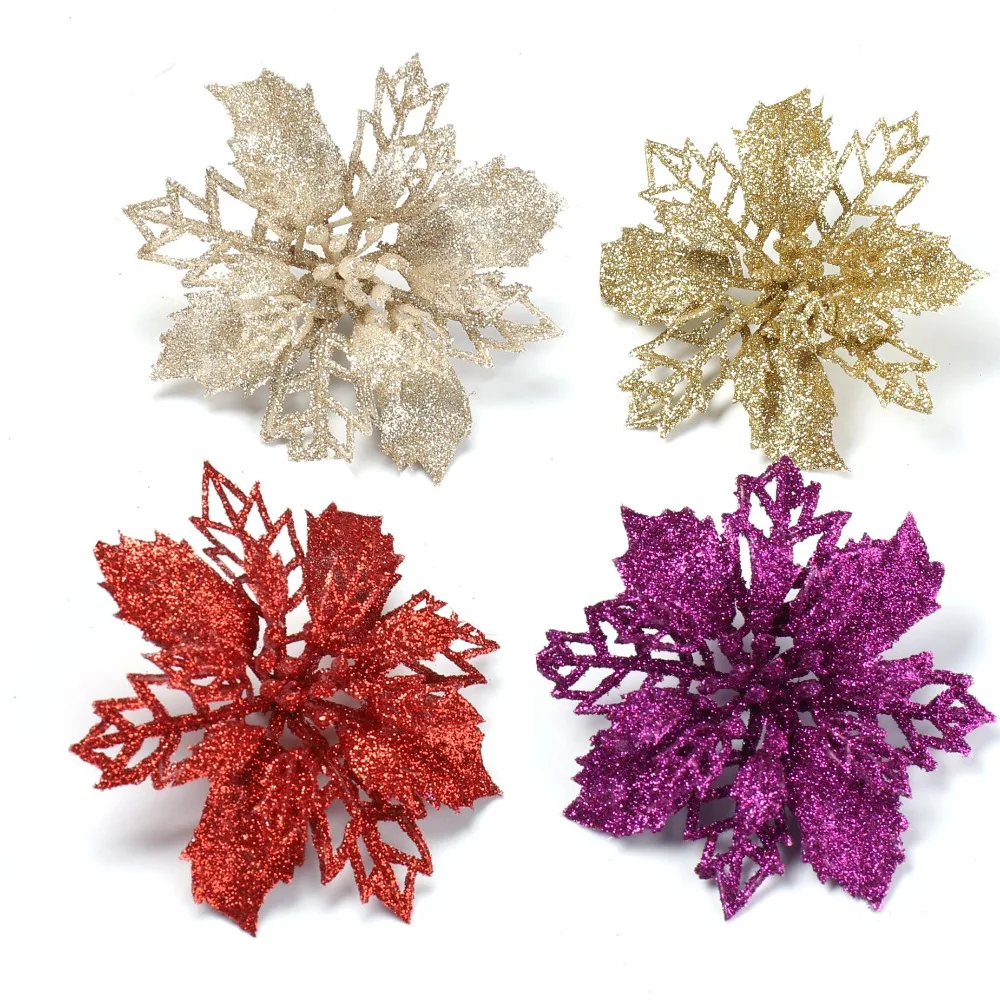 

12pcs 16cm Christmas Flower Plastic Simulation Decorative Xmas Flowers DIY Hanging Pendant Decoration Festive Party Supplies