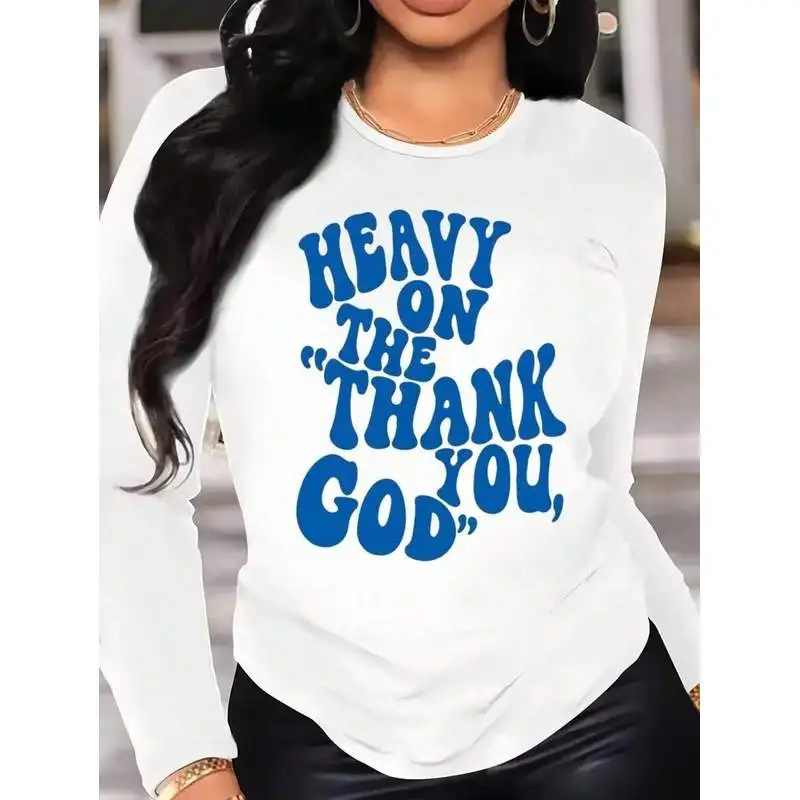 T-shirt à manches longues pour femmes, imprimé avec le mot « Merci, Dieu », col rond, style décontracté.