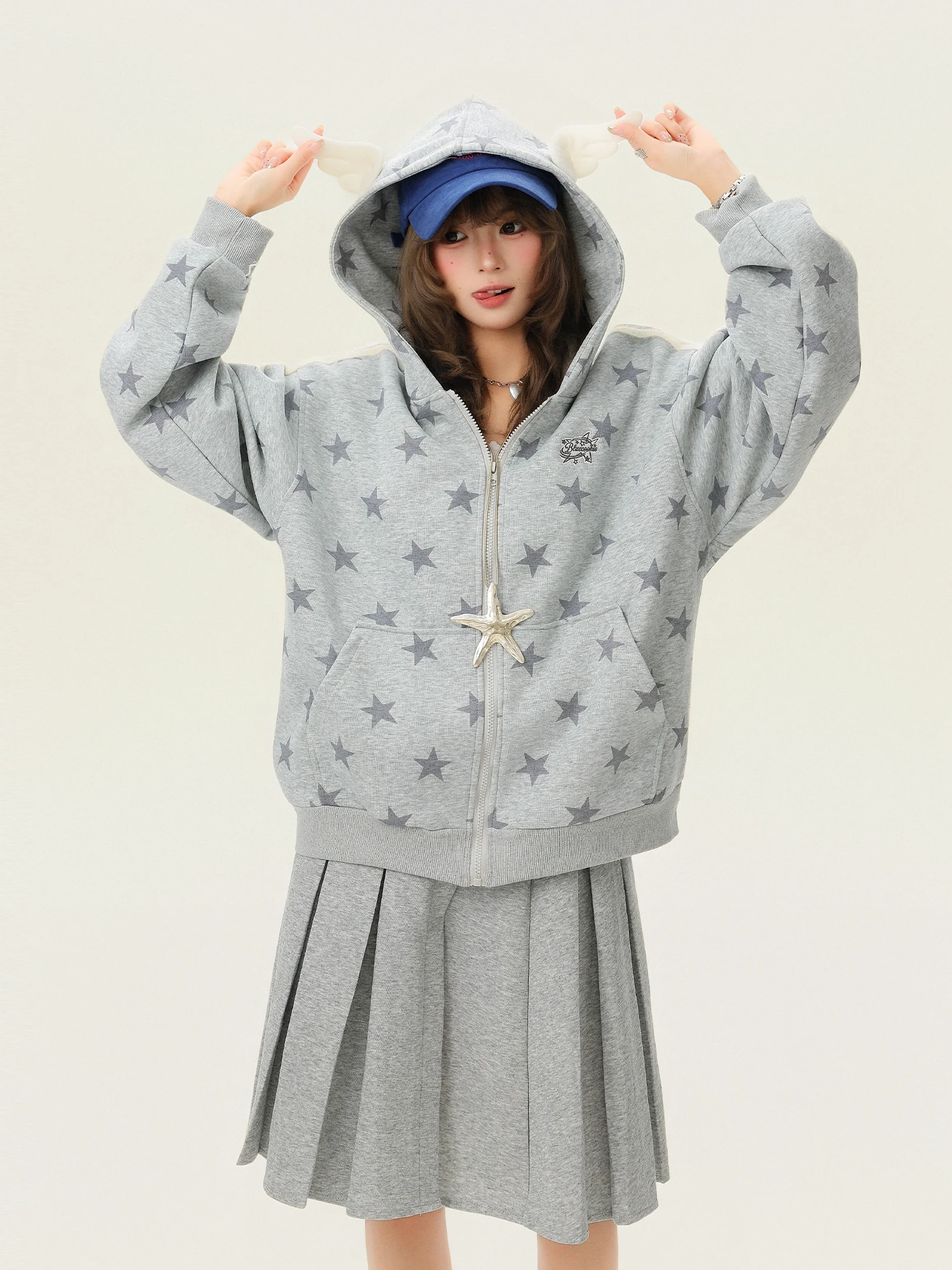 

Sweet Cool Sle Star Print Hoodie Cardigan Women's Loose Casual Outerwear Spring 2026 Faion Polyester Long Sve Coat