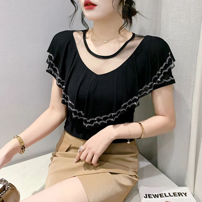 Czarny letni koreański styl T-Shirt Chic Patchwork Ruffles Shiny Diamonds Topy damskie Sexy Back Koszulki z krótkim rękawem 2025 Nowość 43196