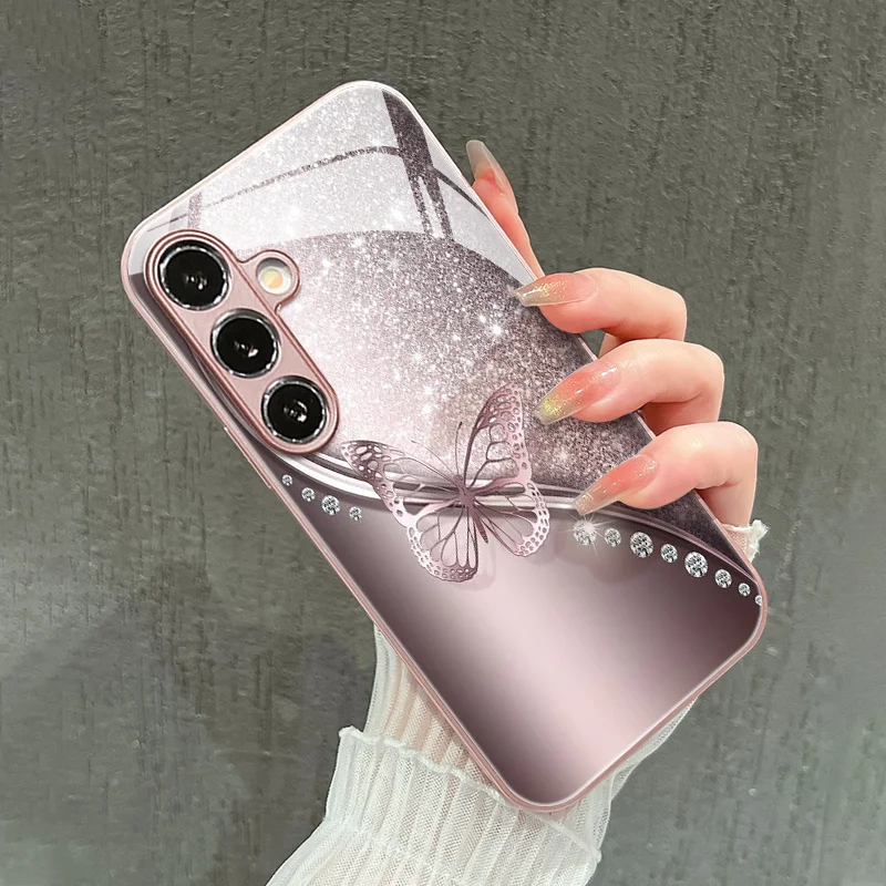 Pink diamond butterfly pattern glass phone case suitable for Samsung Galaxy S26 S25 S24 S22 S21 S20 FE/Ultra/Plus anti drop