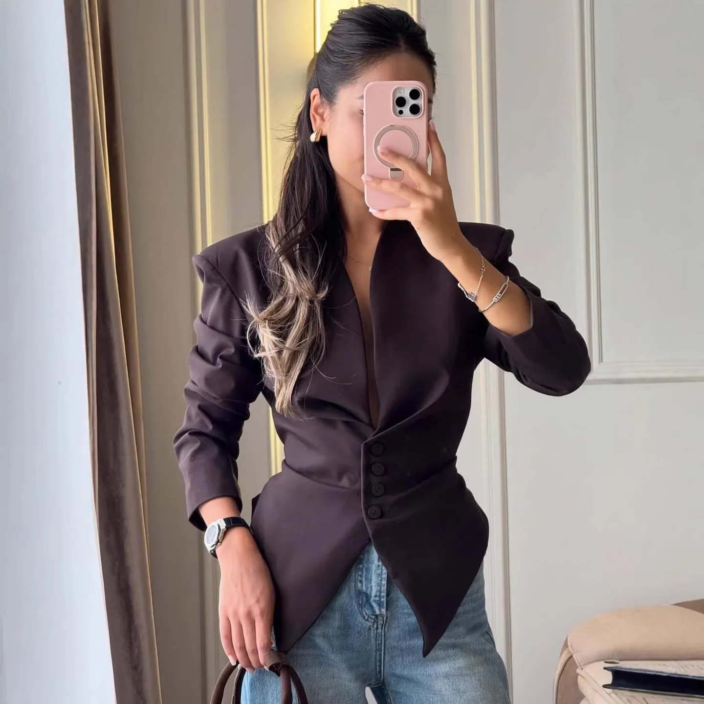 Women Solid Skinny Blazers Pleat Suits Long Sleeves V Collar Single Breasted Thin Slim Fit Office Lady Casual 2026 Spring Summer