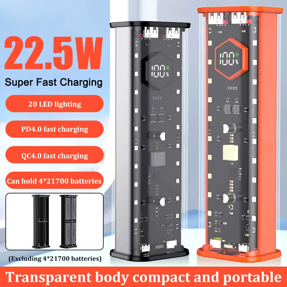 21700 보조배터리 케이스 배터리 거치대, QC PD 급속 충전 배터리 케이스 보관함, USB C 타입 충전, DIY 쉘 용접 프리