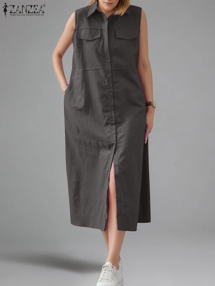 

ZANZEA женский сарафан миди на бретелях, модное элегантное вечернее платье без рукавов на пуговицах, лето 2021, повседневное однотонное платье, большие размеры 5XL