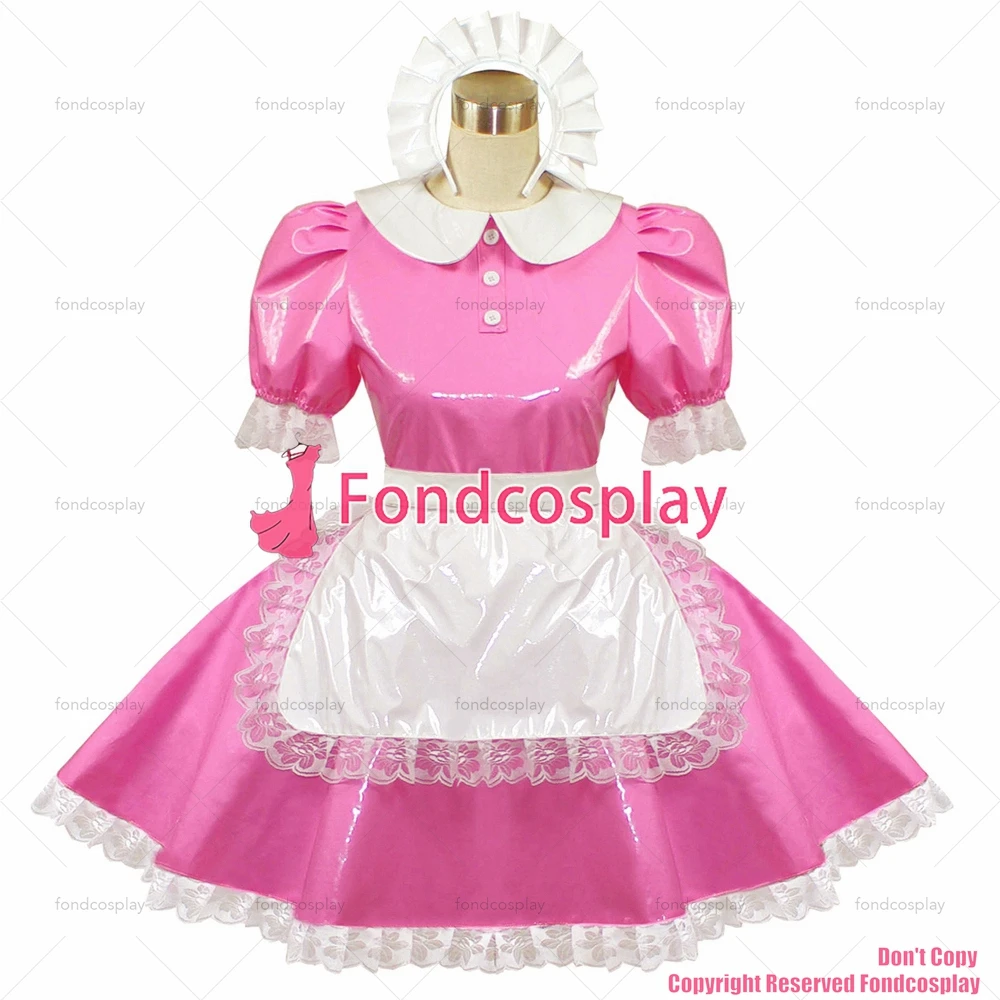 fondcosplay adult cross dressing sissy maid pink thin Pvc Dress Pink Lockable white apron Peter Pan collar CD/TV[G415]