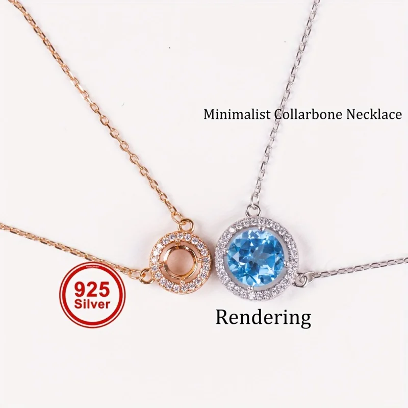 1pc 5-8MM Gems CZ Stone Round Prong Bezel Settings Solid 925 Sterling Silver DIY Pendant Charm Tray With 15 'Necklace Chain