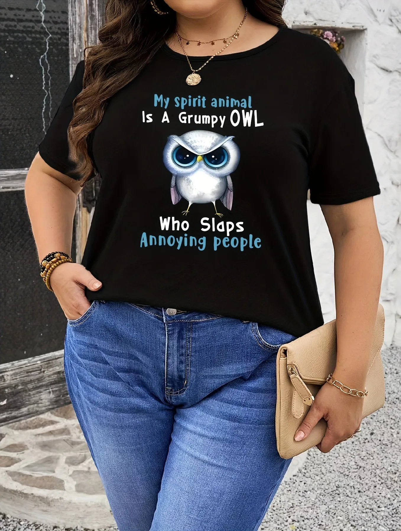 Kaos Cetak Burung Hantu Ukuran Besar untuk Wanita - Lengan Pendek Kasual dengan Leher Bulat, Pola Hewan, Koleksi Musim Semi/Musim Panas