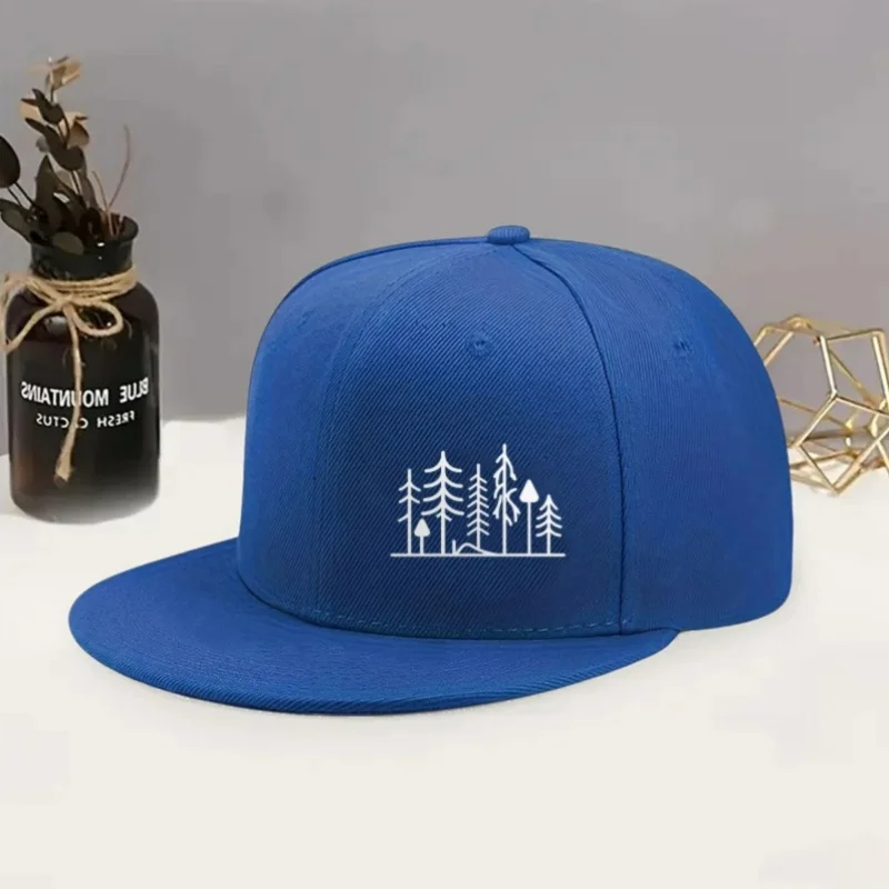 A Hard-Top Flat-Brim Baseball Cap Featuring a Easy Forest Illustration, Suitable for Everyday Outings, Outdoor Leisure, And Stre