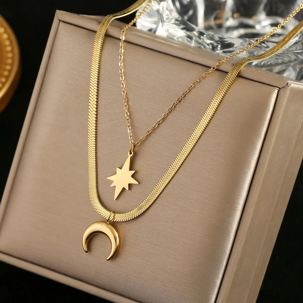 316L Stainless Steel New Fashion Upscale Jewelry 2 Layer Crescent Moon Star Charms Chain Choker Necklaces & Pendants For Women