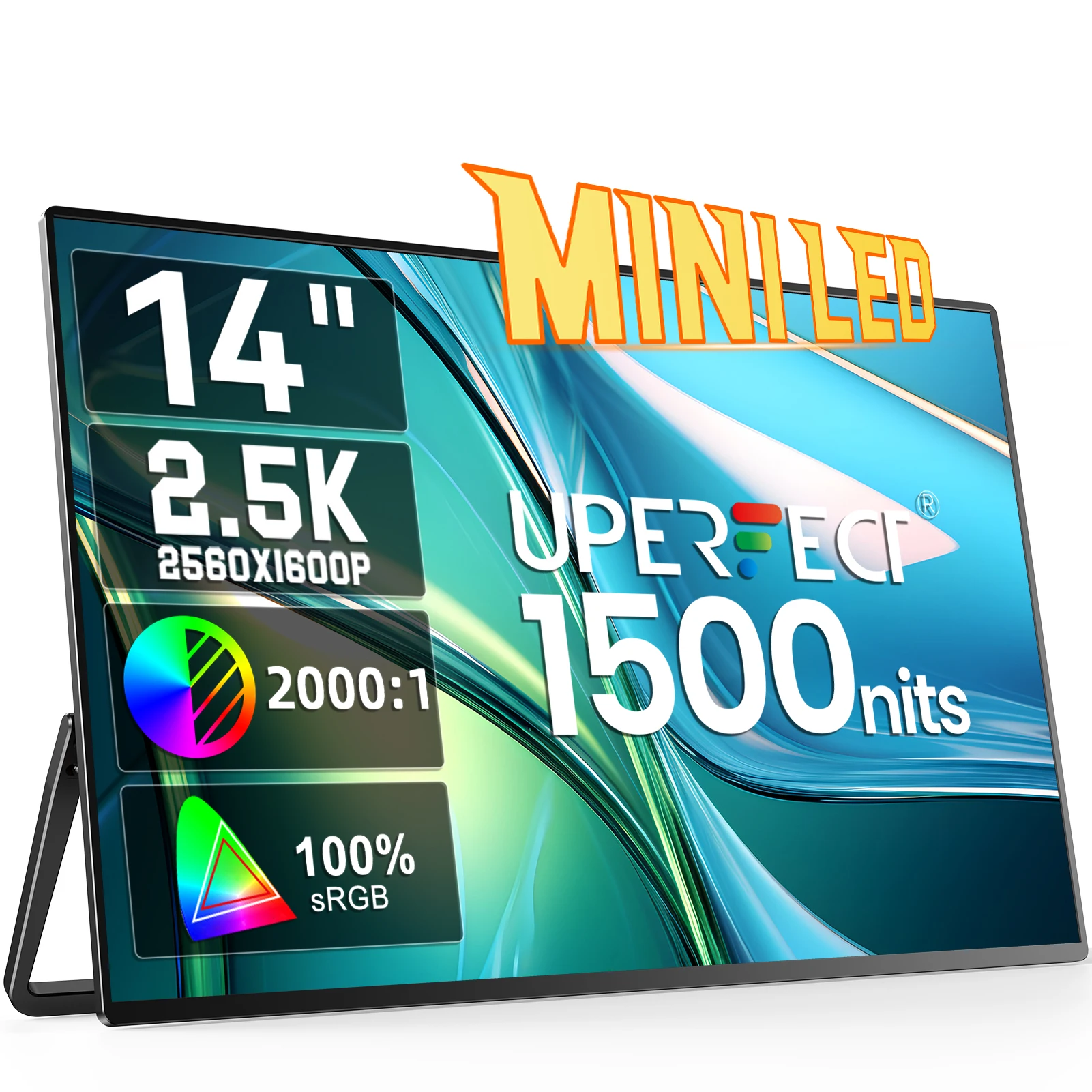 

UPERFECT 14" Mini LED Portable Monitor Gaming 1500 Nits 2560x1600 HDR HDMI USB-C Travel Screen External Display For Laptop Mac