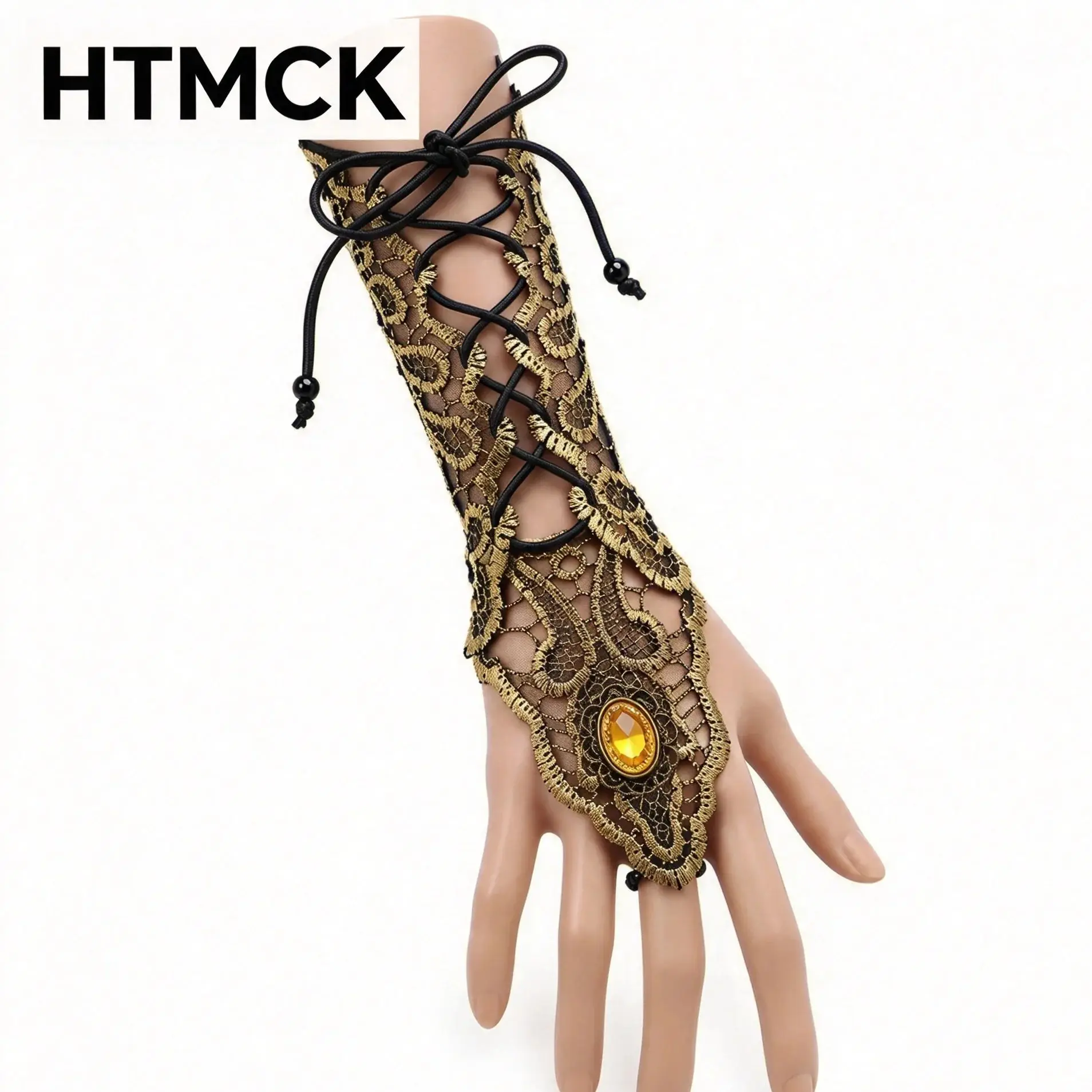 HTMCK Gothic Steampunk Lace Cuff  Fingerless Glove Arm Warmer Bracelet Black Gold Gloves