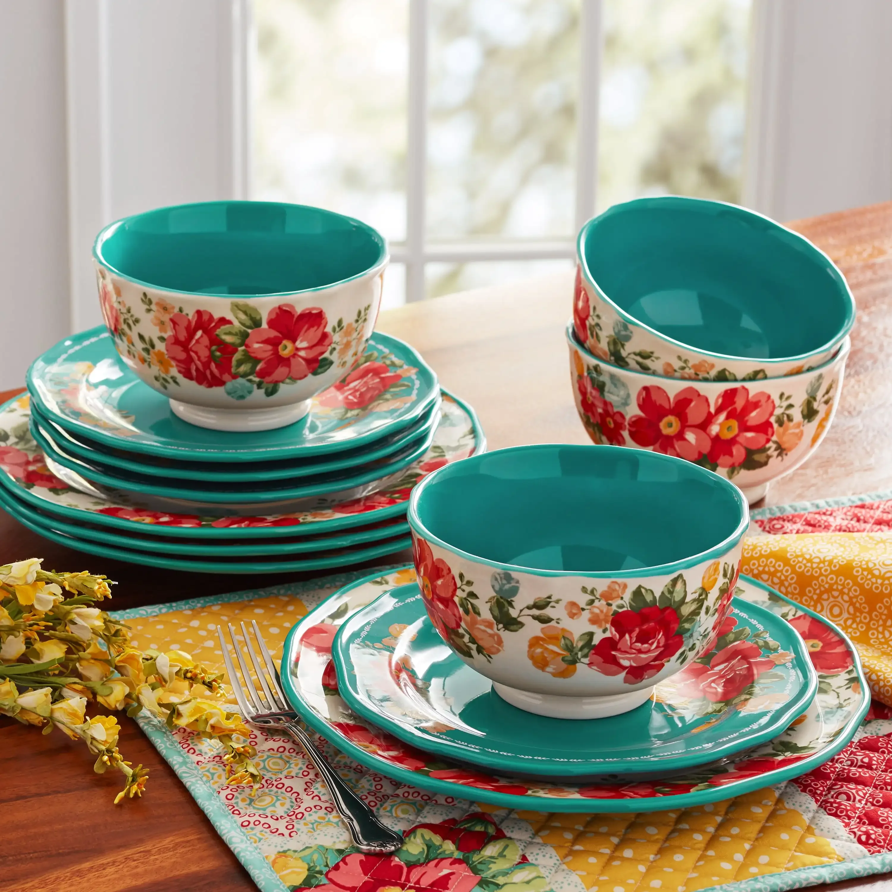 Vintage Floral 12-Piece Dinnerware Set, Teal