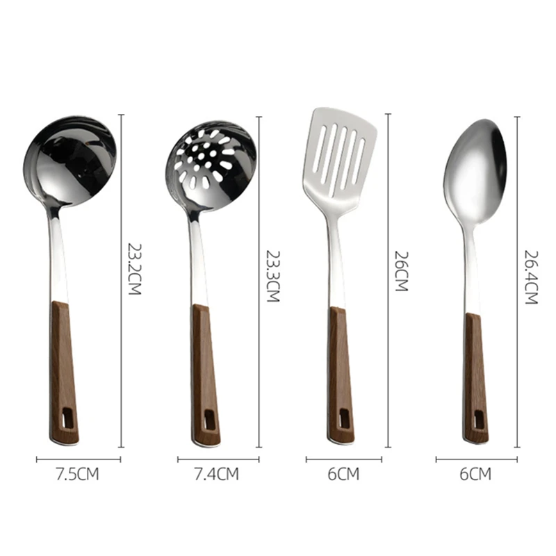 Stainless Steel Cooking Tool Set Wooden Handle Spatula Soup Spoon Restaurant Frying Sharp Shovel Colander Kitchen Utensils