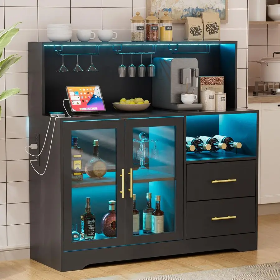 Weinschrank mit RGB-Beleuchtung, Spirituosenschrank mit Weinregal und Glashalter, Kaffeebar-Schränke mit USB-Stromanschluss, Wein