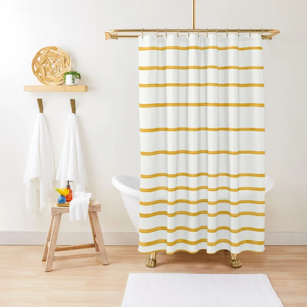 

Hand-Painted Mustard Stripes Minimalist Pattern on White Shower Curtain Bathroom For Shower Toilet Accessories Bathroom Curtain