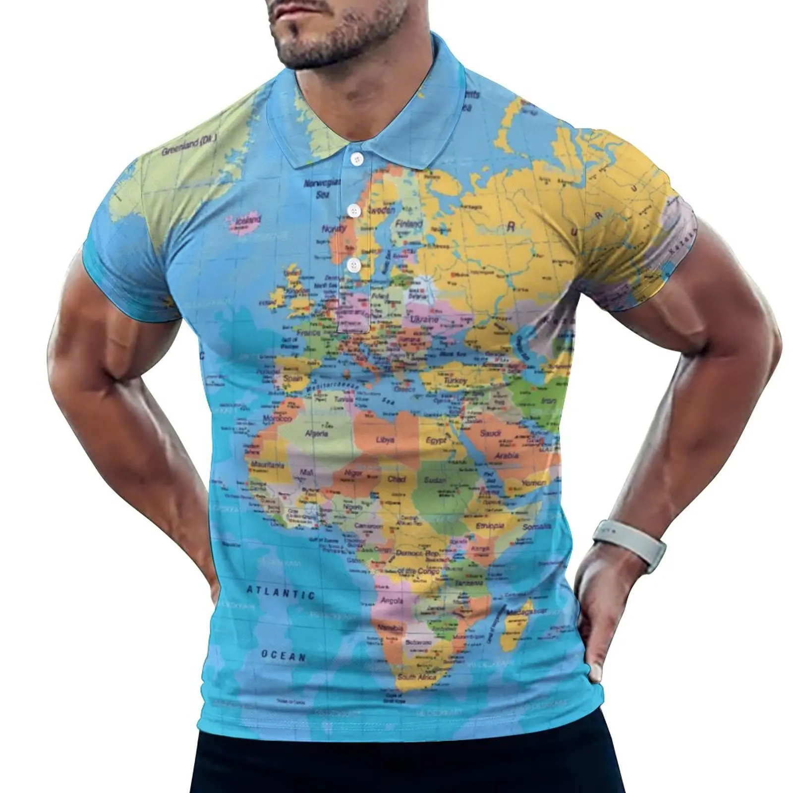 

Earth Map Polo Shirt World Maps Print Casual Shirt Date Vintage T-Shirts Short-Sleeved Turn Down Collar Graphic Oversized Tops