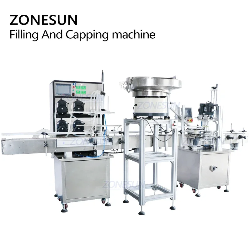 ZONESUN ماكينة تعبئة وتغطية العطور السائلة ذات 4 رؤوس أوتوماتيكية مع وحدة تغذية الغطاء لخط الإنتاج
