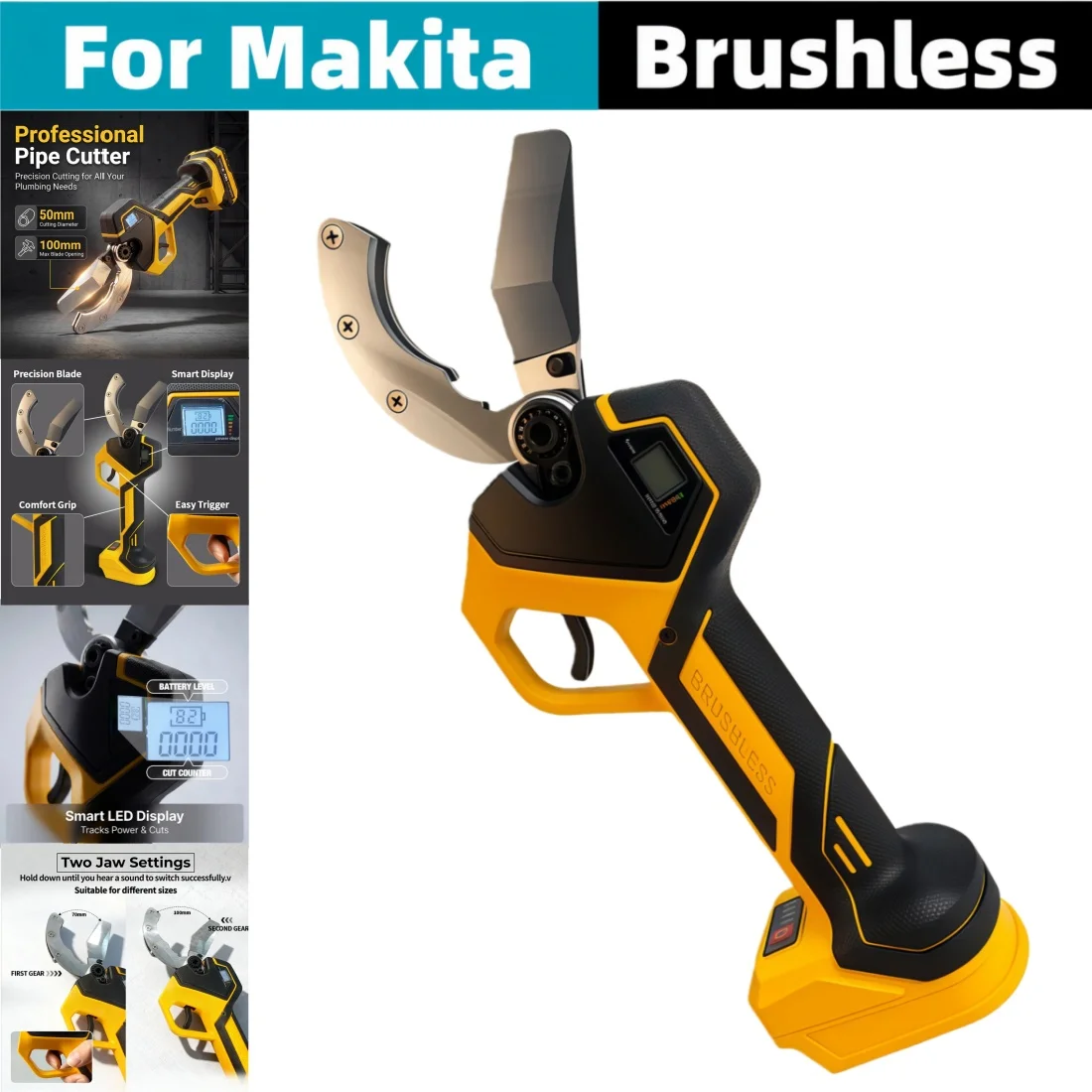 For Makita 18V Battery Brushless Cordless Pipe Cutter, 2-Speed Digital Display 50mm Cutting 100mm Opening for PPR/PVC/PE Pipes