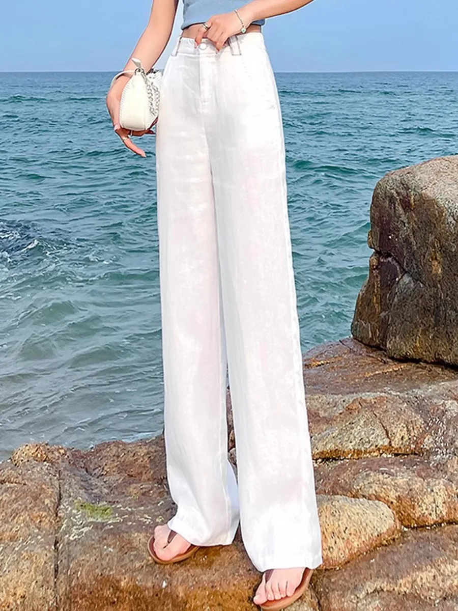 

White Linen Wide Leg Pants Women's High Waist Slimming Thin Natural Linen Loose Straight Leg Trousers Summer 2026 Casual Pants
