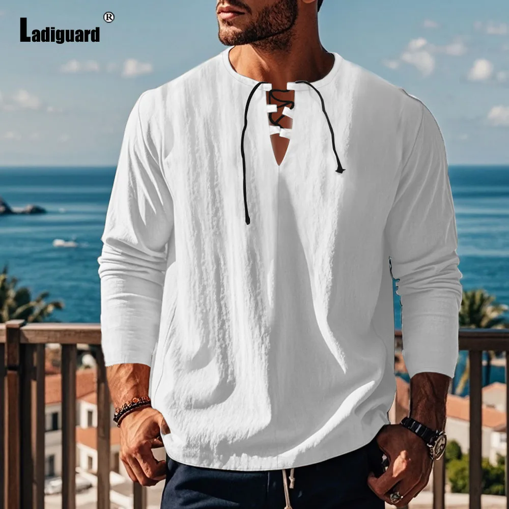 Europe Style Cotton Linen Shirts White Lace-up Collar Beach Shirt blusas Men Casual Retro Blouse Plus Size Mens Camisa Tops New