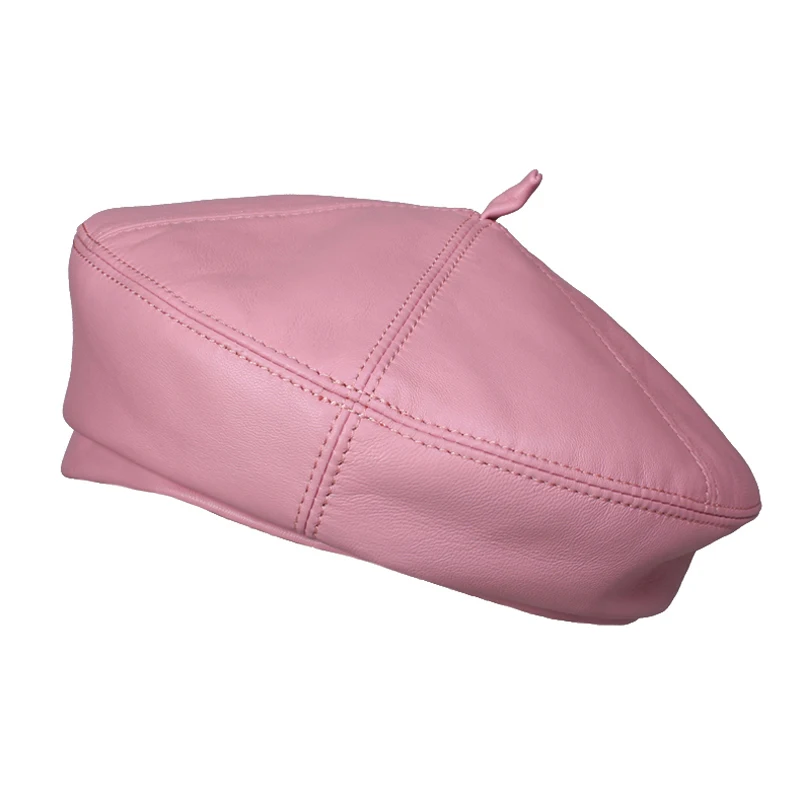 Fashion 2023 Women Spring/Winter British Genuine Leather Painter Hat Female Retro Korean Octagonal Bonnet Pink/Khaki Beret