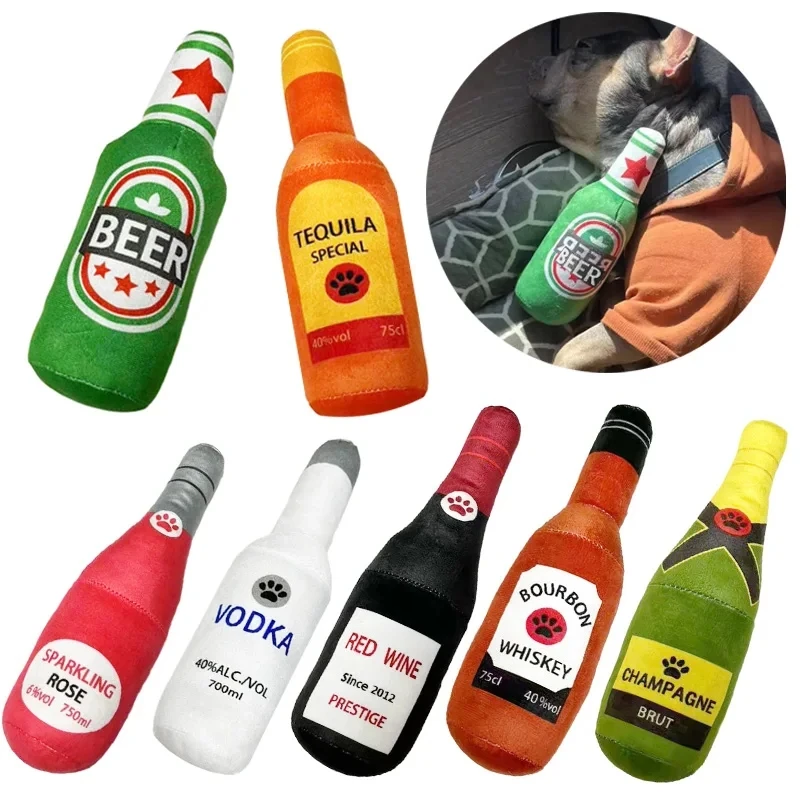 Creative Beer Bottle Shaped Plush Dog Squeaky Toys Soft Small Large Dog Interactive Bite-Resistant Clean Chew Toy Pet Accessorie