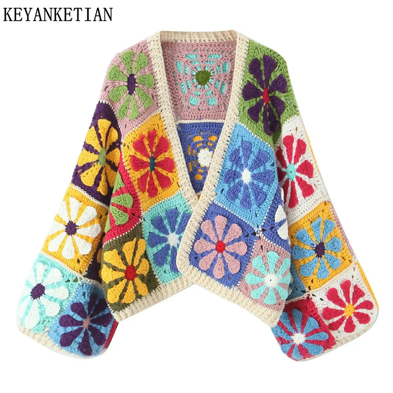 

KEYANKETIAN 2025 Autumn New Cutout Hook Flower Geometric Short Knit Cardigan Women Bohemian Coarse Yarn Handmade Sweaters Top