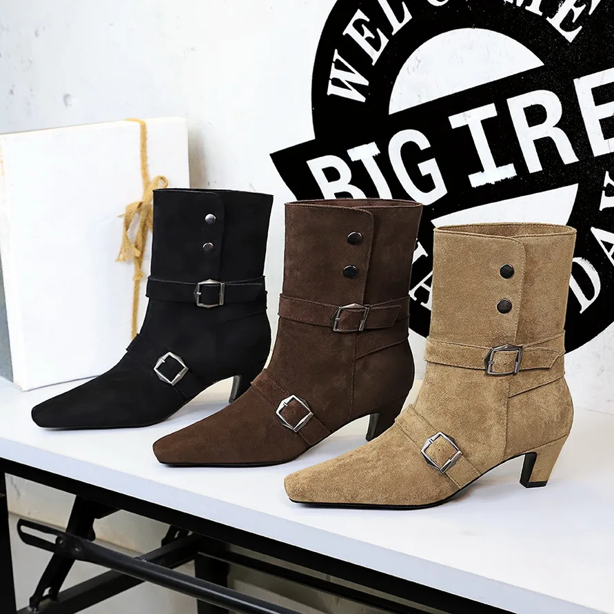 

European and American Retro Design Fashion Boots Women's Small Square Head Belt Buckle Fashion Medium Boots Women's Boots