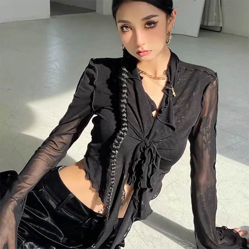 

Женский укороченный кардиган с длинными рукавами, V-образным вырезом, прозрачными вставками, поясом и рукавами-колокол, из ткани, с эффектом похудения