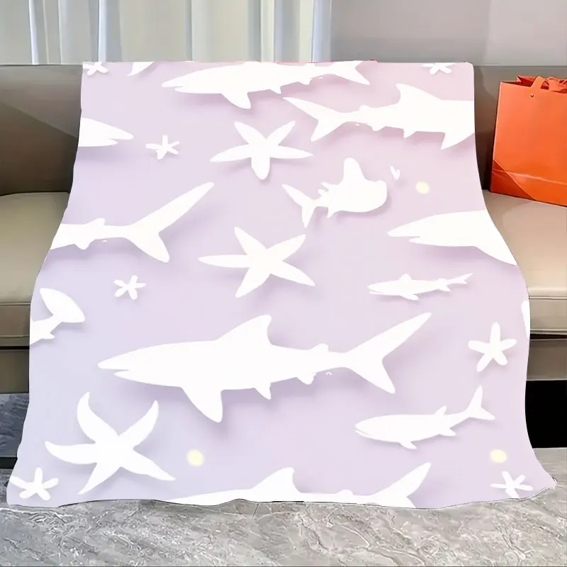 

1pc Flannel Blanket Chic Purple Shark & Starfish Print Blanket for Cozy Living Room Decor