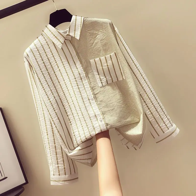 Korean Clothing Fashion Women Oversized Stripe Shirt Spring Autumn Pretty Office Lady Basic Casual Spliced Long Sleeve Blouses