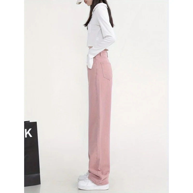 

Pink High Waist Slimming Jeans Summer Pear aped Cleanfit Sle Mid-Elastic Straight Leg Pants for Middle-Aged Women