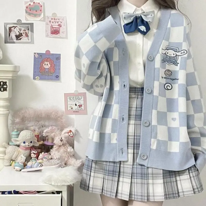 Anime Sanrioed Pompompurin Girl Cardigan Sweater Kuromi Kawaii Cinnamoroll Spring Autumn Knit Coat Preppy Loose Sweet Embroidery